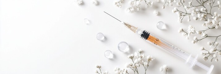Leinwandbilder - Minimalist composition featuring a syringe filled with a clear solution surrounded by delicate white flowers. Generative AI