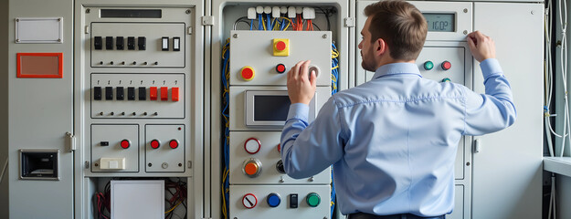 Engineer operating control panel in a technical room with multiple buttons and screens
