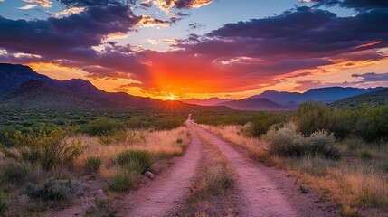Poster - As the sun descends beyond the horizon, vibrant colors paint the sky, illuminating a winding dirt path through lush desert brush. Serenity reigns at this magical moment