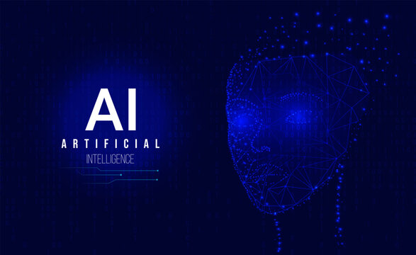 Modern abstract artificial intelligence image. Human face with AI text generated by digital circuit on blue background for web banner or poster design.