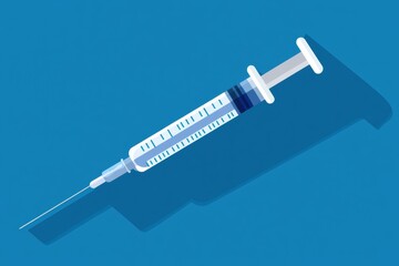 Poster - Syringe rests on a blue surface showcasing its sharp needle and clear barrel with measurement markings. Generative AI