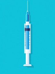 Poster - Syringe filled with liquid on a bright blue background ready for medical or health application. Generative AI