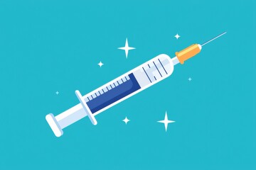 Poster - Syringe filled with liquid against a bright blue background with sparkle effects. Generative AI