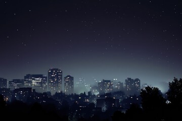Poster - City skyline illuminated by artificial light under a starry night sky showcasing vibrant urban life. Generative AI