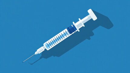 Poster - Syringe lying on a blue background with a clear needle and measurement markings visible for medical use. Generative AI