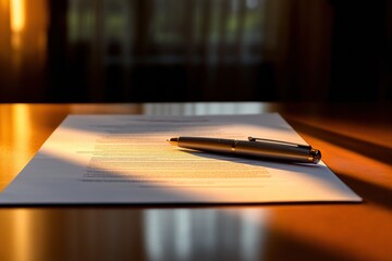 Leinwandbilder - Document rests on a wooden table with a pen under warm sunlight during late afternoon hours. Generative AI