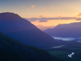 Wall Mural - nature in norway. panoramic view of wild norway. river and lake among the rocks and mountains. brigh