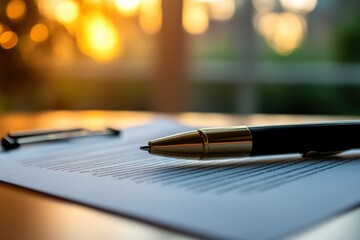 Poster - Close up of a pen resting on a document with a warm sunset in the background illuminating the workspace. Generative AI