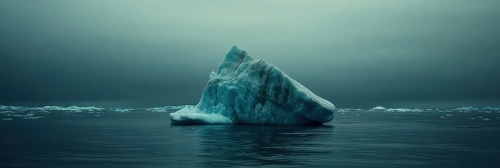 Fototapete - Melting iceberg drifts in dark blue waters under an empty sky in a remote polar region. Generative AI
