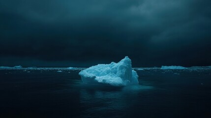 Poster - Melting iceberg drifts in dark blue waters under an empty sky highlighting climate change effects. Generative AI