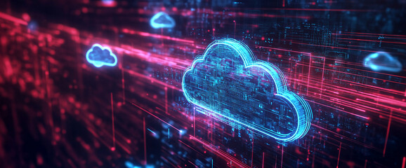 Poster - Futuristic digital clouds glowing in neon blue and pink colors, surrounded by glowing data lines, symbolizing cloud computing, cloud storage, and the digital transformation of data.