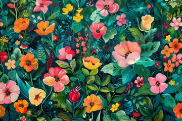 Poster - a close-up image of a colorful floral pattern featuring pink, orange, and yellow flowers against a t