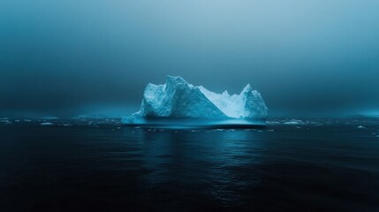 Poster - Melting iceberg floats in deep blue waters under an expansive sky inviting environmental awareness and reflection. Generative AI