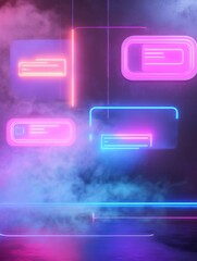 Fototapete - Bright neon chat bubbles float in vibrant colorful atmosphere with glowing text notifications. Generative AI