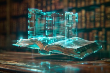 Poster - a glowing, open holographic textbook floats in a digitally-charged landscape, a futuristic holograph