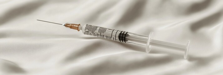 Leinwandbilder - Minimalist composition featuring a syringe filled with Botox resting on a soft, neutral fabric background during daylight. Generative AI
