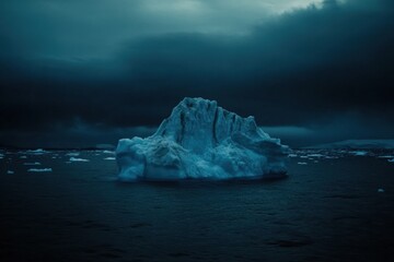 Fototapete - Melting iceberg drifts in deep blue waters under an empty sky at twilight. Generative AI