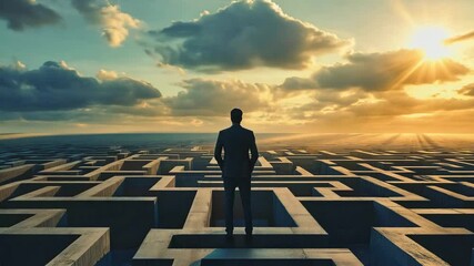 A businessman in a suit contemplates his path amidst a vast maze as clouds gather and the sun sets in the background