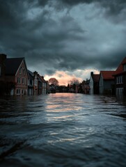 Aufkleber - Flooded urban landscape with rooftops above water under dramatic clouds at dusk. Generative AI