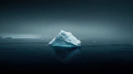 Poster - Melting iceberg drifts silently in dark blue waters under an empty sky at twilight. Generative AI