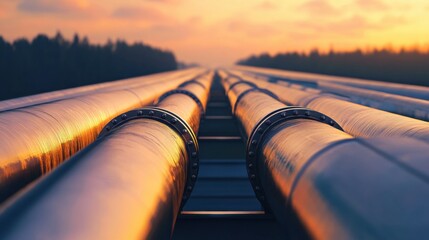 Poster - Long perspective view of metallic gas pipelines stretching into the horizon under a vibrant sunset. Generative AI