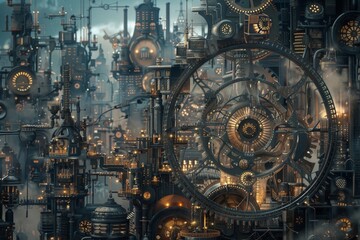 Poster - An illustration of a steampunk industrial cityscape with intricate gears and cogs, lit by warm lights, A steampunk-inspired industrial cityscape with gears and machinery everywhere