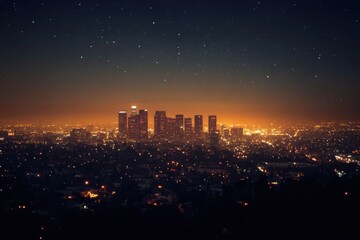 Poster - City skyline at night brightened by glowing lights and scattered stars above in a bustling urban landscape. Generative AI