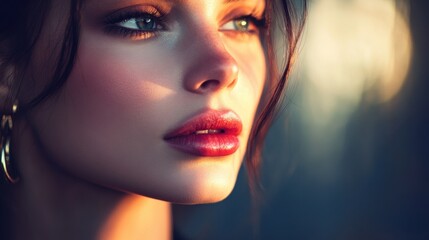 Poster - Woman with smooth skin and artistic lighting showcases modern beauty in an elegant fashion portrait during golden hour. Generative AI