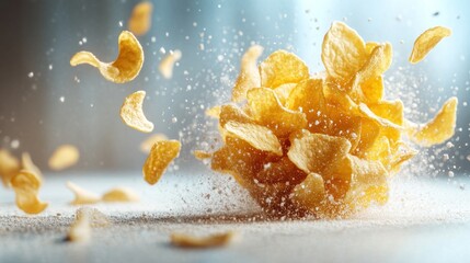 Crispy cereal pieces exploding on a surface with flour-like particles in the background