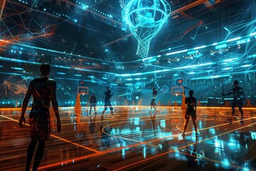 Poster - A futuristic basketball court with players illuminated by neon lights and a mirrored ceiling, A futuristic interpretation of a basketball game