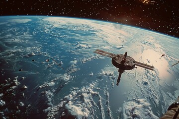 Poster - A space station with solar panels extends out from its central hub, orbiting a distant planet with a vibrant topaz hue, A space station orbiting a distant planet