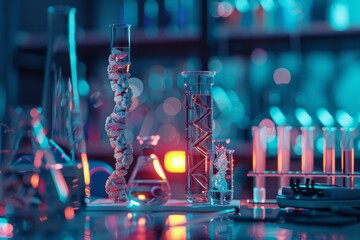 Poster - A close-up image of a laboratory setting with test tubes containing genetic material, illuminated by colorful lights, Create a visualization of genetic engineering in a lab setting