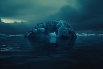 Fototapete - Melting iceberg floats serenely in dark blue waters under an empty sky with dramatic clouds. Generative AI