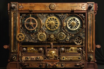 Poster - A close-up of a steampunk computer featuring intricate brass gears and cogs, A steampunk-inspired computer, featuring gears, cogs, and brass embellishments