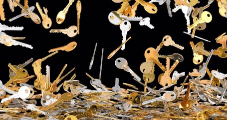 Poster - Golden and silver keys falling and fill the screen. 3D animation on transparent background