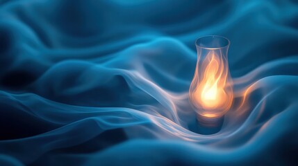 Aufkleber - Glowing gas lamp casts warm light amidst swirling blue mist in a serene setting. Generative AI