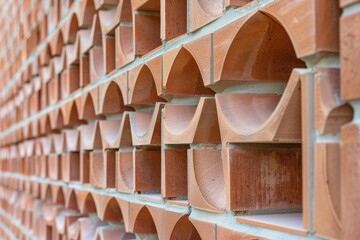 Poster - a close-up of a wall constructed with precision-cut bricks forming a unique geometric design, precis