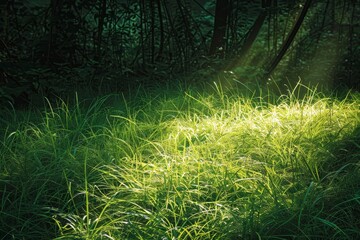 Aufkleber - A patch of emerald grass illuminated by dappled sunlight in a forest clearing, Dappled sunlight shining on a patch of emerald grass