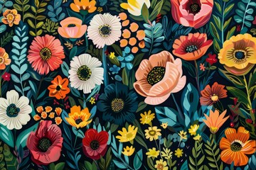 Poster - a colorful illustration of a floral pattern with bright flowers, leaves, and a deep blue background,