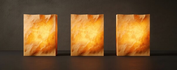 Poster - Eco-friendly packaging compostable production concept. Three illuminated panels with a warm, textured surface against a dark background, creating a soothing and modern aesthetic.