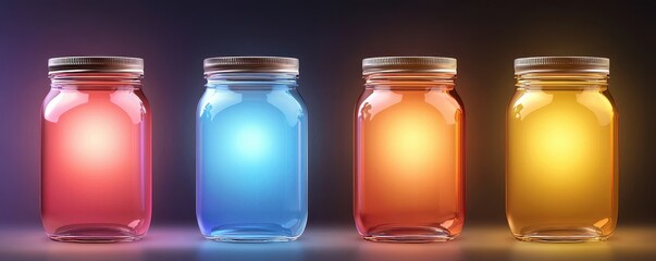 Poster - Eco-friendly packaging compostable production concept. Four illuminated jars in vibrant colors (red, blue, orange, yellow) create a captivating visual effect against a dark background.