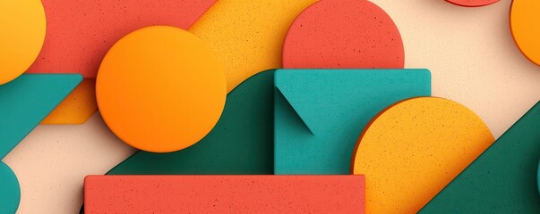 Poster - Eco-friendly packaging compostable production concept. A vibrant arrangement of colorful geometric shapes, including circles and squares, set against a light background, creating a playful.