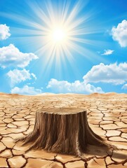 Poster - Vast desert landscape with bright sunlight illuminating cracked earth and a lone tree stump under a clear blue sky. Generative AI