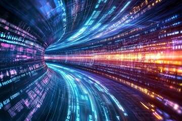 Poster - Abstract Digital Tunnel Technology Background Futuristic Data Stream Bright Neon Colors High Tech Network Modern Design Cyber Space Virtual Reality   