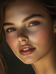 Poster - Captivating beauty portrait featuring a woman with youthful skin and striking features in artistic lighting. Generative AI