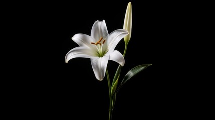 Wall Mural - Delicate white lily blooms contrast beautifully against a rich black backdrop, symbolizing purity and elegance in nature.