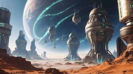 This stunning image features colossal megastructures towering over the surface of a desert planet. The futuristic towers, glowing with teal lights, rise from the barren landscape, with large planets a