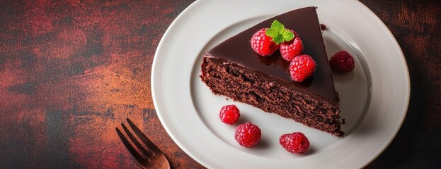 Wall Mural - Chocolate Cake Slice with Red Raspberries and Mint Garnish on White Plate Presented on Brown Textured Background Featuring Dark Chocolate Drizzle and Silver Fork Ready to Serve a Decadent Dessert