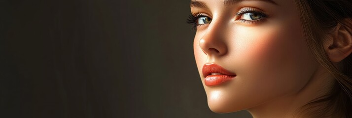 Poster - Modern beauty portrait showcasing youthful and radiant skin under artistic lighting. Generative AI