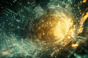 Poster - Abstract Golden Spiral Vortex Digital Art Background Technology Futuristic Design Green Yellow Energy Light Rays Swirling Motion Graphic Illustration 